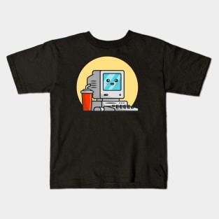 Cute Old Computer Desktop with Coffee Cartoon Vector Icon Illustration Kids T-Shirt